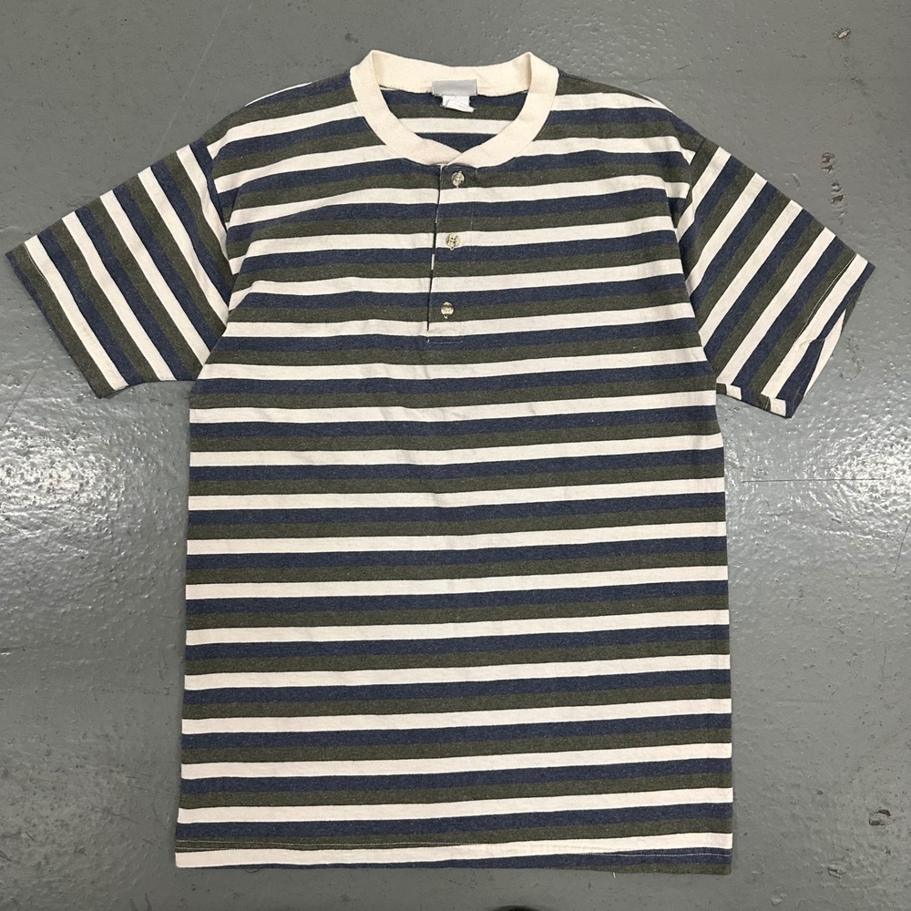 Basic Editions Mens Henley Shirt Medium Multi Color Striped Preowned SS